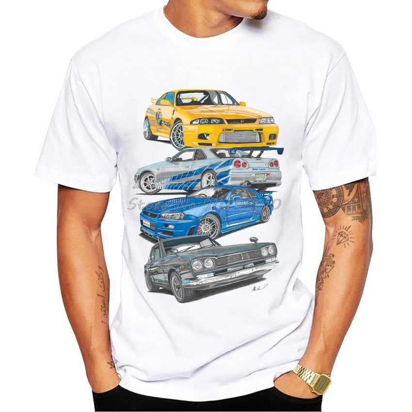 2023 Summer New Retro Car Print T-shirt Fashion Round Neck Men's Short Sleeve Fun Boys' Casual Top Hippy White