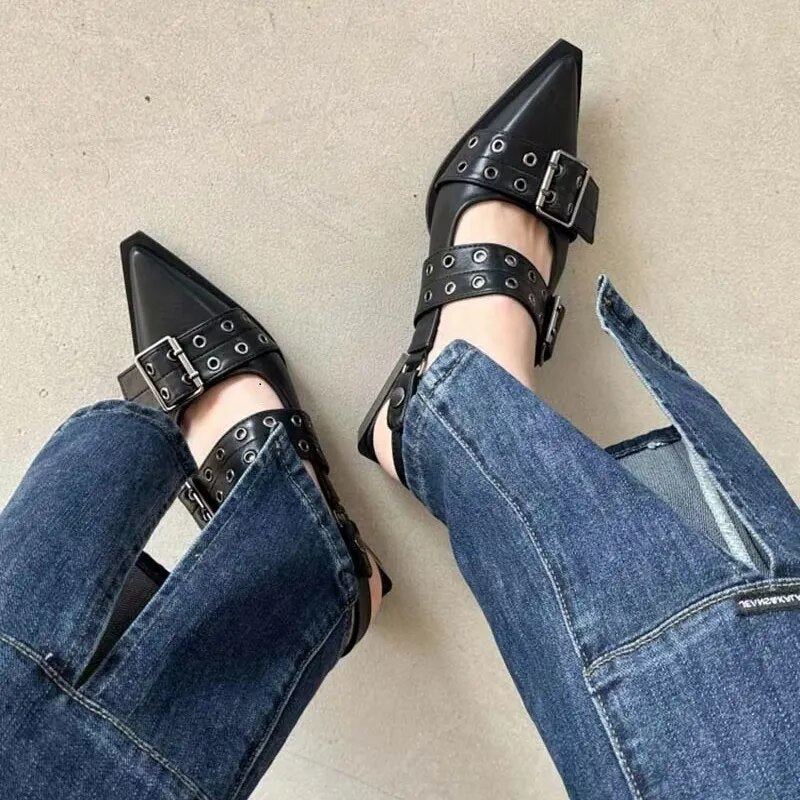 Slingback Shoes Gothic Chunky Heels Women's Pumps Rivet Street Style Medium Heel Punk Vintage Casual Sandals Spring Summer 2023