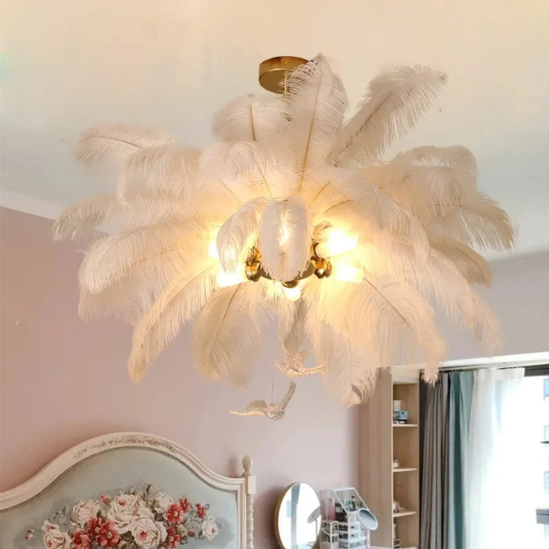 Nordic White Ostrich Feather Pendant Light Modern Led Ceiling Chandelier for Living Dining Room Children's Bedroom Hanghing Lamp