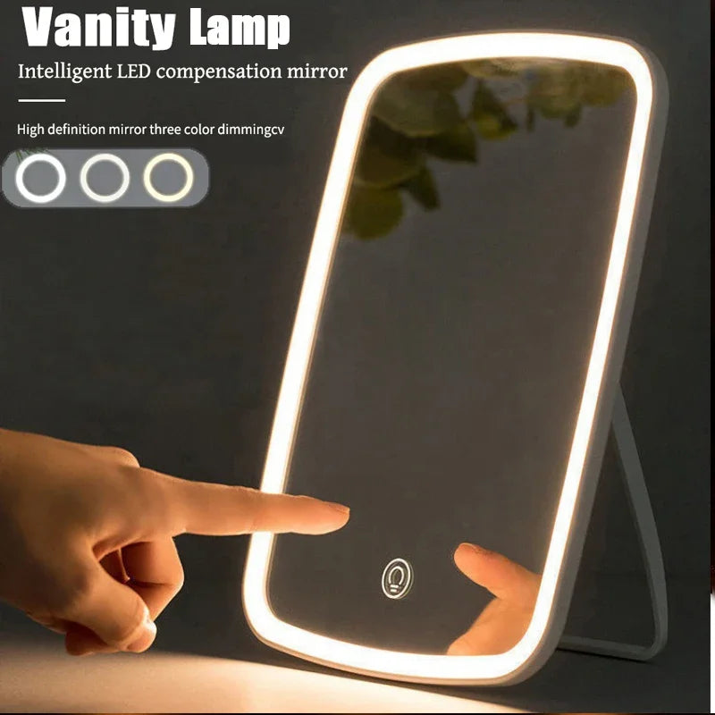 Portable Makeup Mirror With Led Light Touch Screen 3color Light Vanity Light Folding Dressing Mirror Light Home Beauty Tools