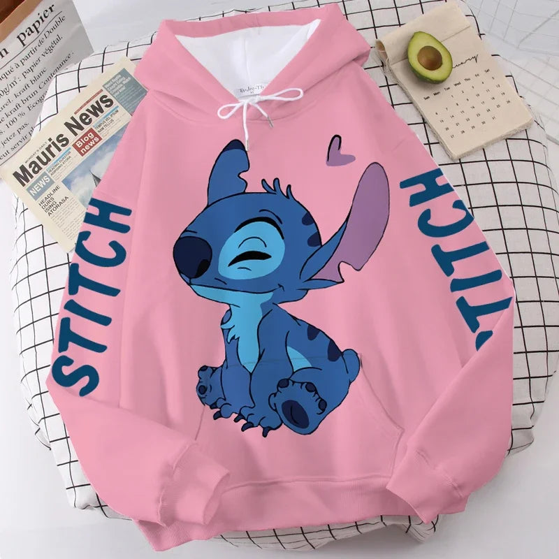 Disney Hoodie Fashion Stitch Angel Monster Letter Cartoon Sweatshirt Pullover Cute Harajuku Unisex Women's Pocket Top