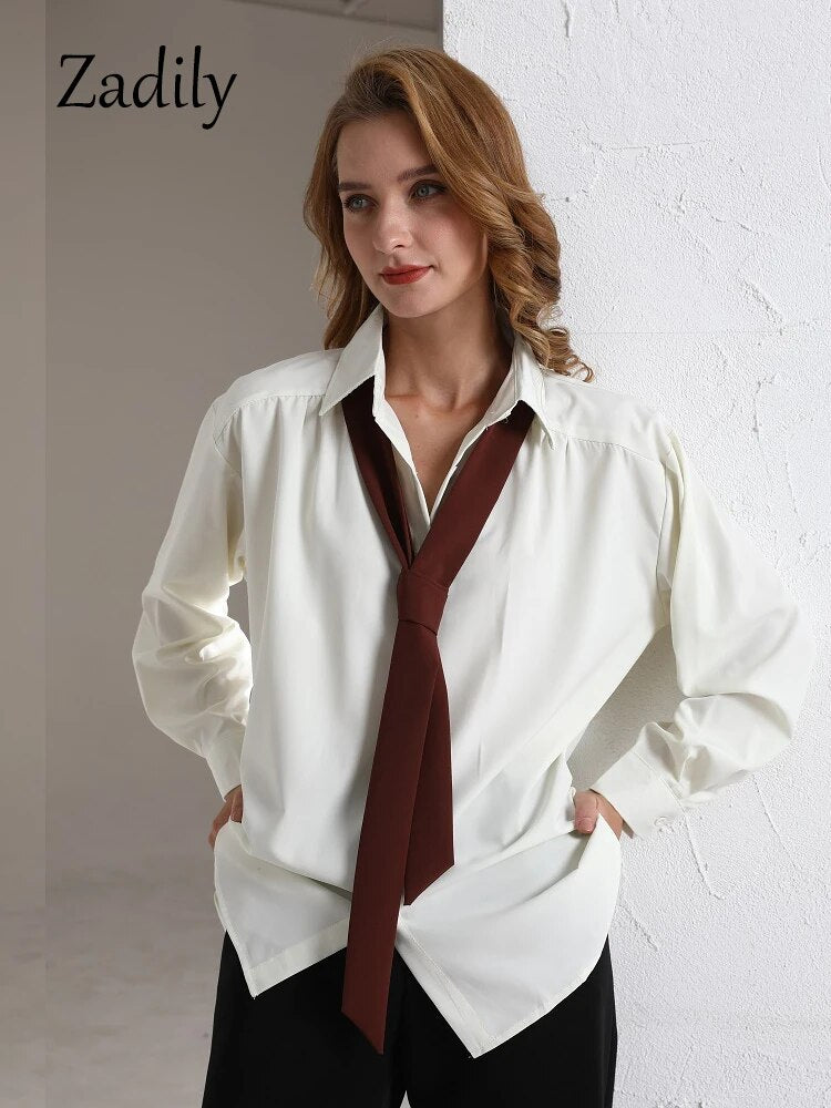 Zadily 2023 Spring Minimalist Long Sleeve Button Up Shirt Women Korean Style Solid Tie Oversize Shirts Blouse Loose Clothes Tops