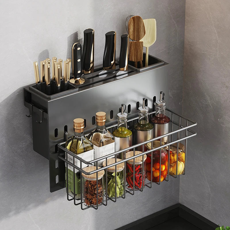 Kitchen Organizer Shelf Wall-mounted Spice Storage Rack Kitchen Knife Holder Wall Seasoning Chopstick Spoon Shovel Storage Sheif