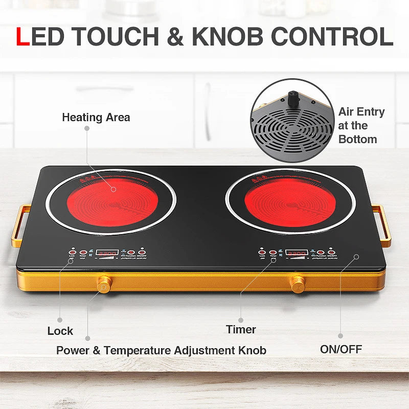 2200W High-power Fast Heating Double -headed Double Stove Electric Pottery Furnace Household Desktop Induction Cooker T04