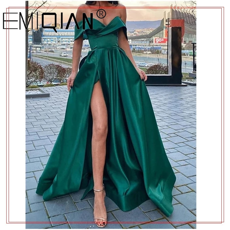 Off the Shoulder Emerald Green Satin Long Prom Dresses with Leg Slit V-neck Floor Length Arabic Evening Gowns robe de soiree