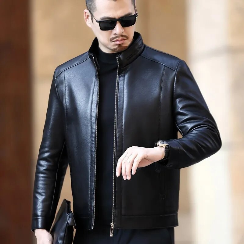 YXL-221 Natural Leather Jacket Men's Stand-up Collar Business Casual Fur One-piece Men's Super Soft SE Plush Liner Warm Jacket