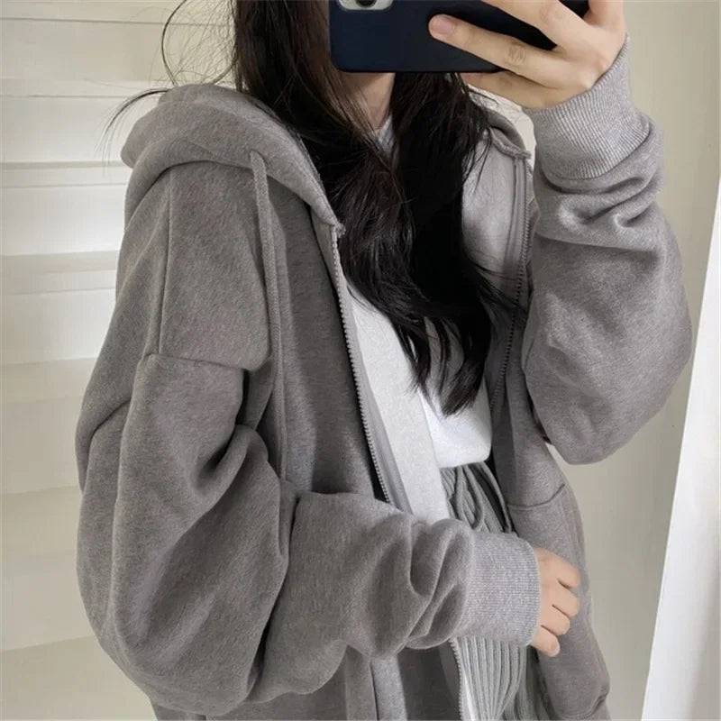 New Oversize Women Hoodies Casual Solid Zip Up Hooded Sweatshirt Korean Loose Hoodie Thickening Plushing Jacket Coat