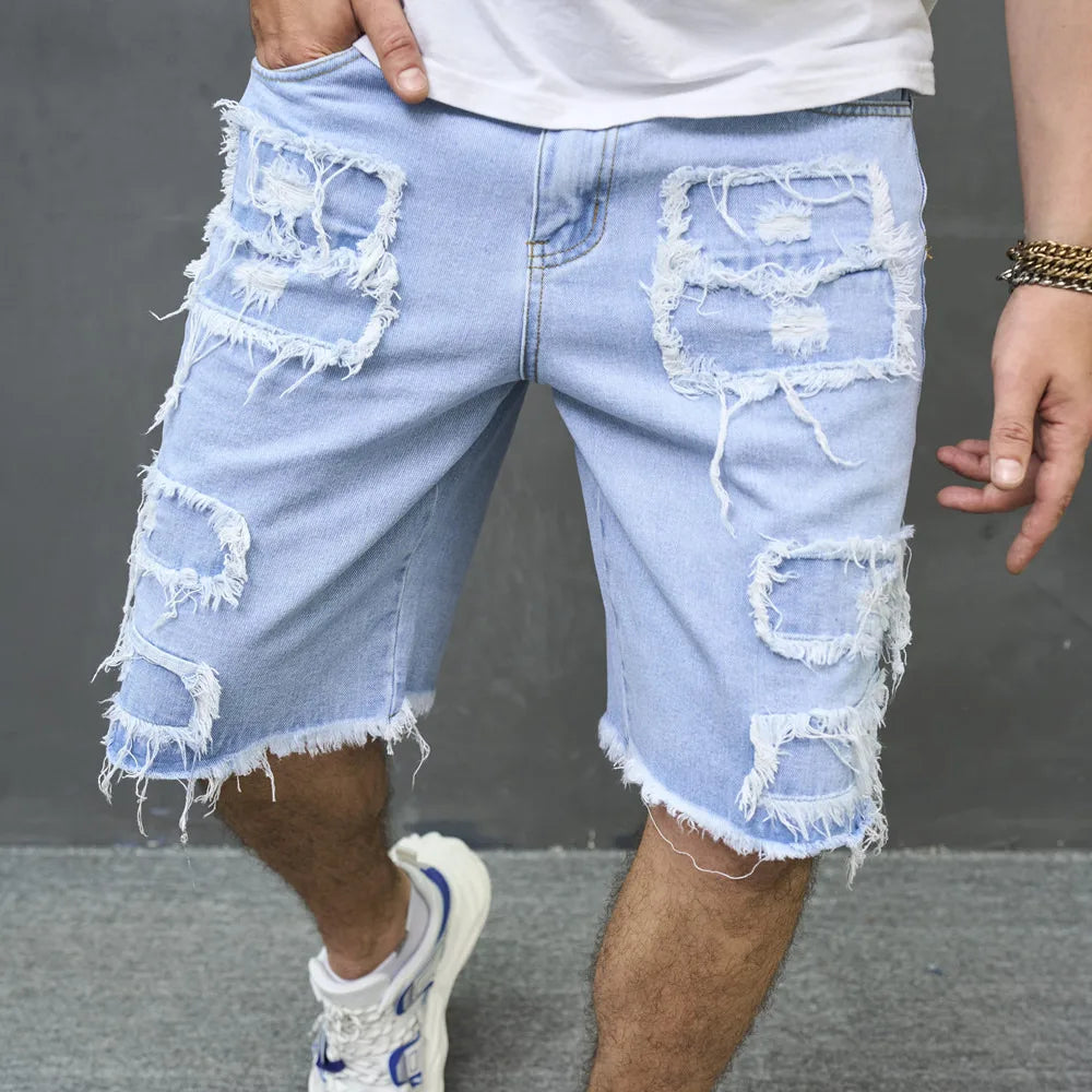 2023 Summer Men Streetwear Ripped Patch Denim Shorts Stylish Solid Casual Straight Male Jeans Five-point Pants