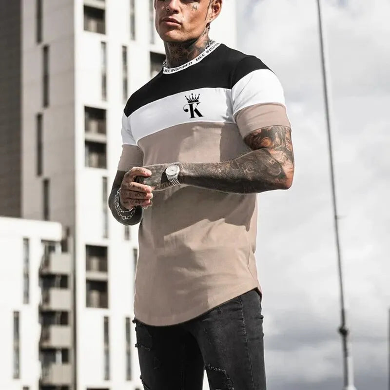 Summer Men's Fashion K Print Color Matching Casual Slim Fitting Short Sleeved T-shirt Outdoor Sports Running Top