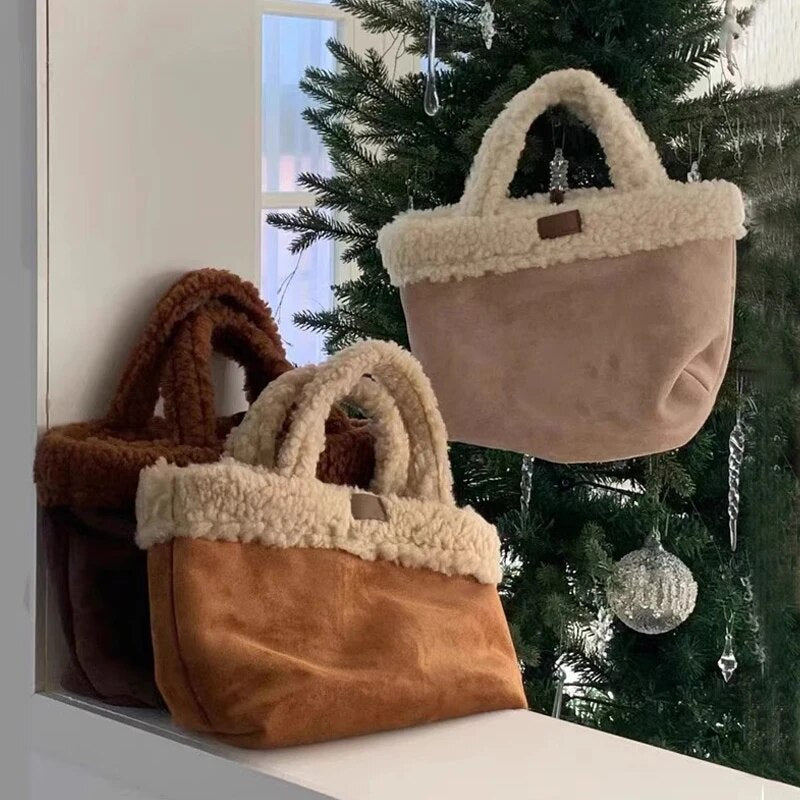 2023 Winter Fashion Trend Tote Bags Luxury Designer Handbags and Wallets Women's Faux Lamb Wool Color Block Retro Handbags Rever