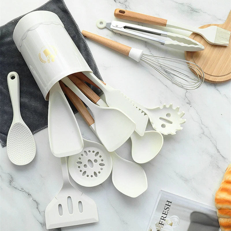 Non-stick Silicone Cooking Utensils Set Kitchenware Wooden Handle Spatula Spoon Turner Soup Ladle Whisk Cookware Kitchen Tools