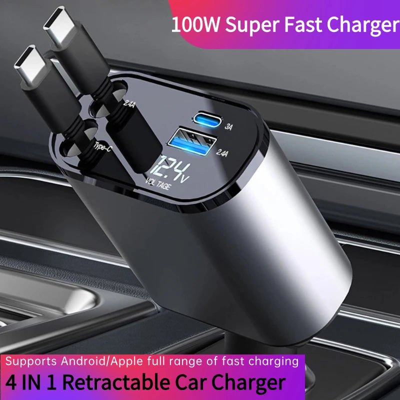 100w 4 IN 1 Retractable Car Charger USB Type C Cable For IPhone Samsung Fast Charge Cord Cigarette Lighter Adapter