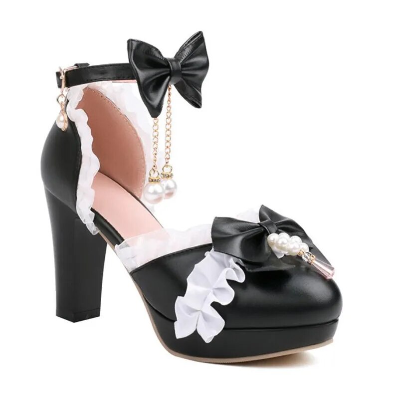 Girls High Heels Kids Princess Sandal Ladies Platform Bow Lace Mary Jane Lolita Shoes Women Party High Heels Women Pumps 30-43