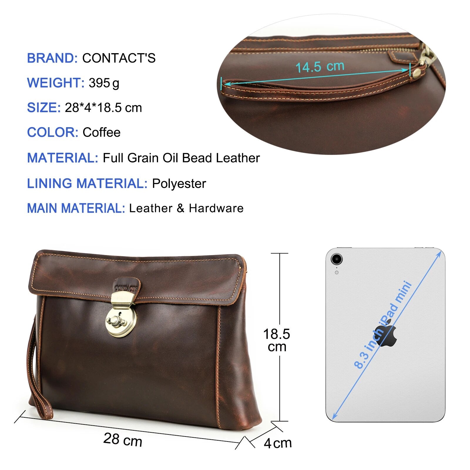 CONTACT'S Men Clutch Bags Genuine Leather Clutch Wallets Push Lock Design Phone Pocket Men's Bags Handbags for 8.3 iPad Mini