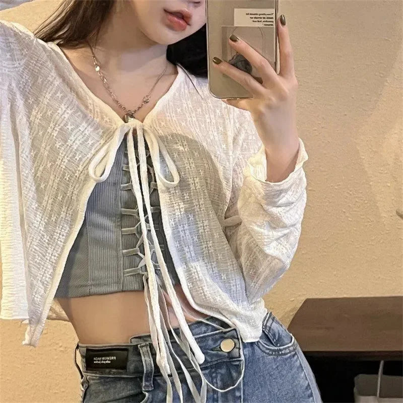 Woman T-shirt Summer Thin Bow Solid Color Short Thin Womens Cardigan Korean Fashion Casual Sun Protection 2023 Top Women Clothin