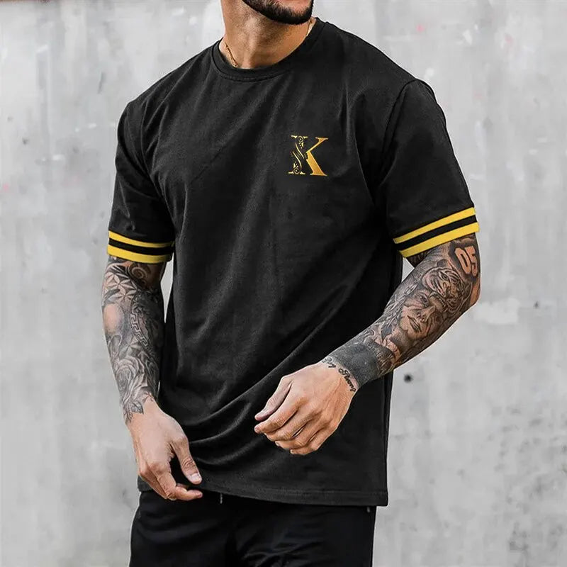 New Summer Men's T-Shirt Vintage Striped K Print Loose Casual Fashion Everyday Sports Short Sleeve Loose Streetwear XL-XXXL