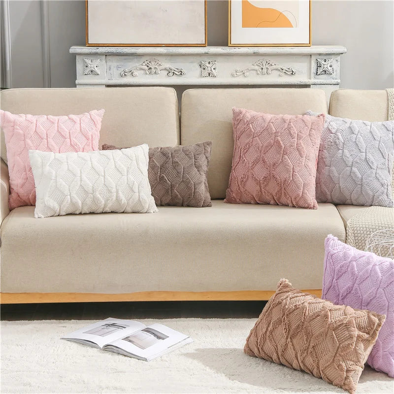 Plush 3D Rhombus Geometry Solid Soft Throw Pillowcase 30x50 40x40cm Embroidery Cushion Cover for Living Room Sofa Decoration