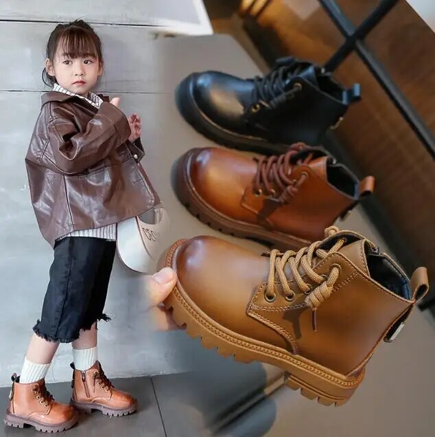 2023 New Black Boys Girls Short Snow Boots Back Zipper Winter Kids Fashion Leather Boots Non-slip Kids Sport Shoes Sneakers