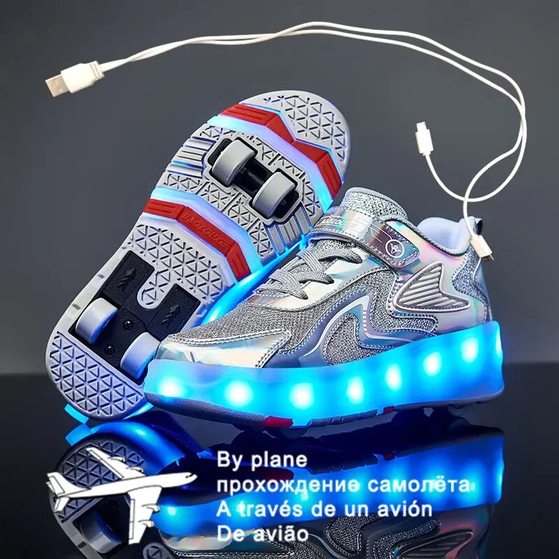 Children Four Wheels Luminous Glowing Sneakers Black Pink Led Light Roller Skate Shoes Kids Led Shoes Boys Girls USB Charging 43