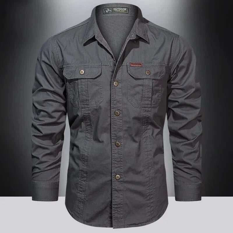 New Autumn Military Style Cotton Pocket Shirt for Men Solid Color Slim Casual Brand Clothing Men Long Sleeve Shirts 5XL