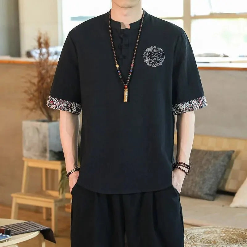 1920s Men Short Sleeve Tang Suit Style T-shirt Loose Cotton Linen Fabric Anti-bacterial Thin Version