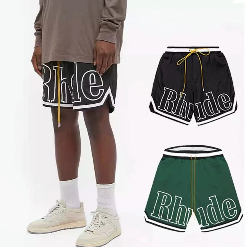 RHUDE Men Breathable Beach Shorts Men Women Casual Mesh Track Breathable Oversize Rhude Shorts Waist Drawstring Shorts