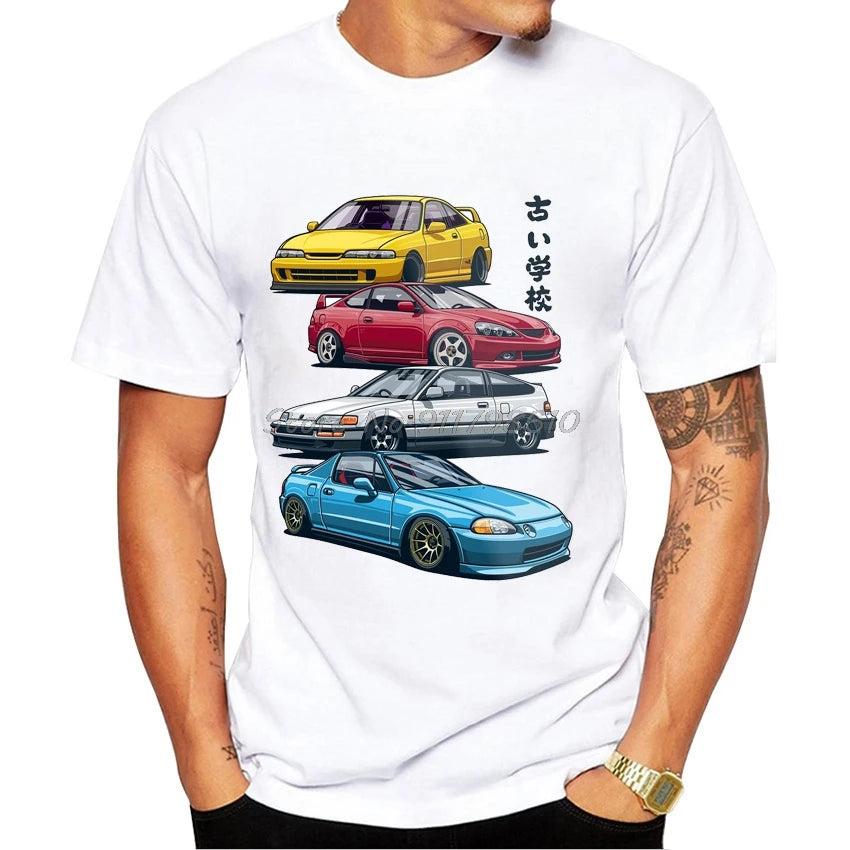 2023 Summer New Retro Car Print T-shirt Fashion Round Neck Men's Short Sleeve Fun Boys' Casual Top Hippy White