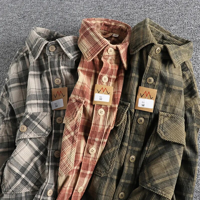 May Khaki retro spring and autumn tide style men's long-sleeved shirt washed corduroy comfortable daily all-match tide coat