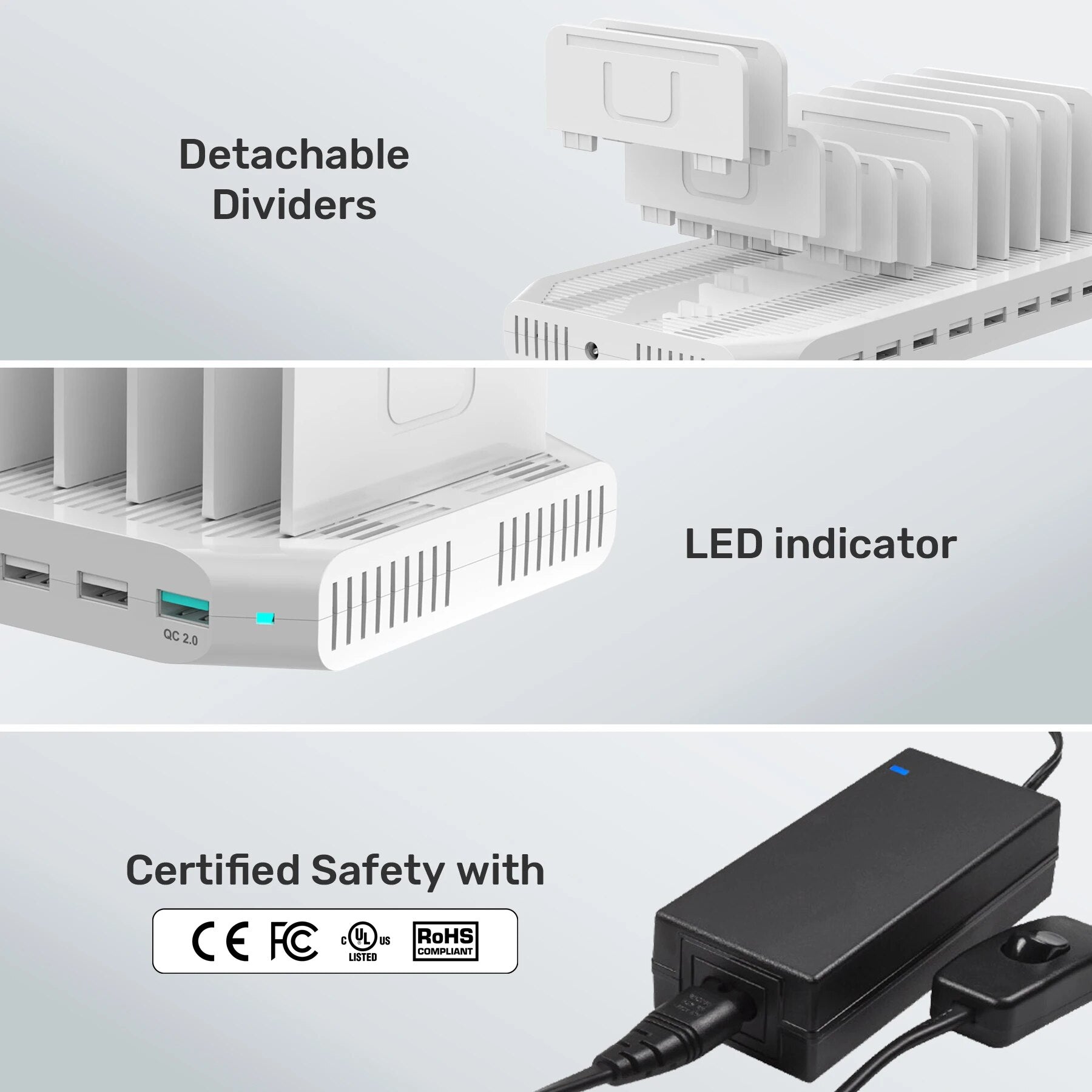 Unitek 10-Port USB Charging Station Multiple USB 60W Charger Dock with QC 3.0 Fast Charging for iPhone Samsung iPad Tablet Phone