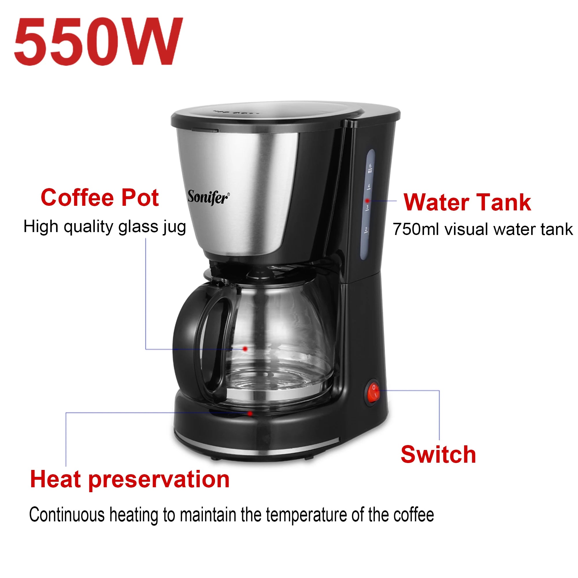 Sonifer 0.75L Electric Drip Coffee Maker 1000W Household Coffee Machine 6 Cup Tea Coffee Pot Milk Coffee Maker for Gift