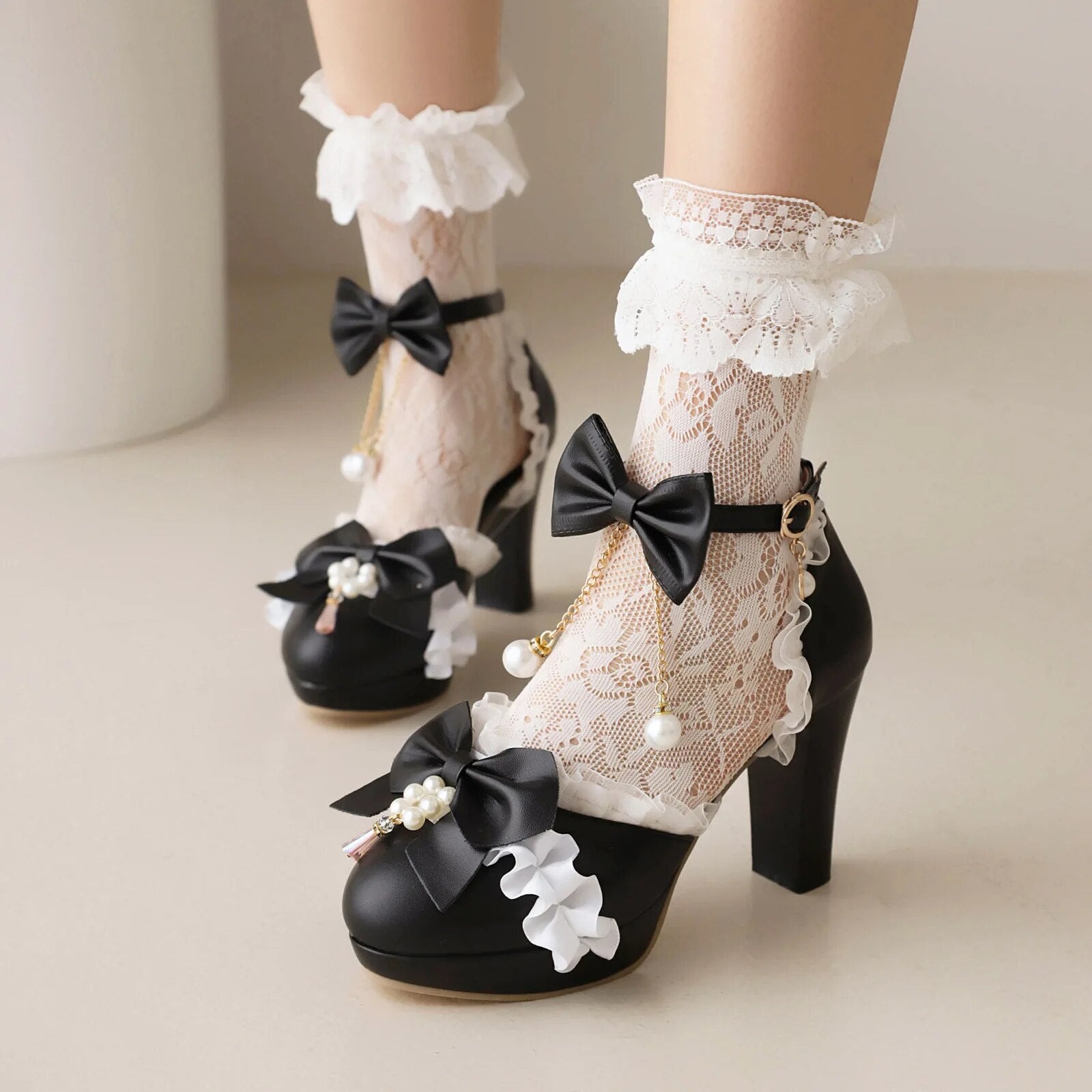 Girls High Heels Kids Princess Sandal Ladies Platform Bow Lace Mary Jane Lolita Shoes Women Party High Heels Women Pumps 30-43