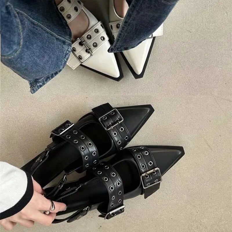 Slingback Shoes Gothic Chunky Heels Women's Pumps Rivet Street Style Medium Heel Punk Vintage Casual Sandals Spring Summer 2023