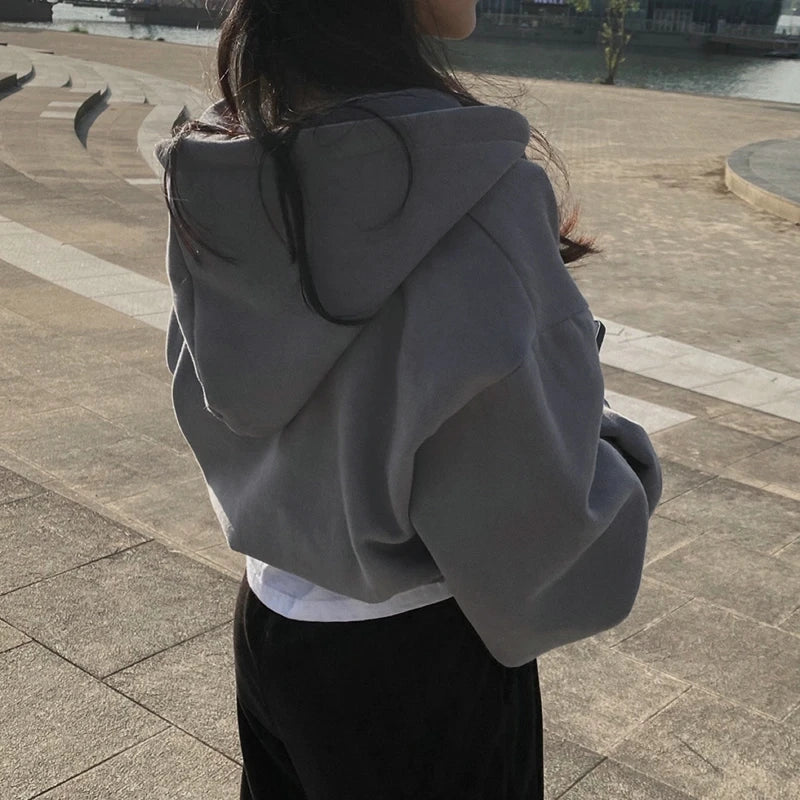 Women Hoodies 2023 Autumn Retro Solid Color Zip Up Oversized Sweatshirts Harajuku Korean Version Long Sleeve Hooded Jackets Coat