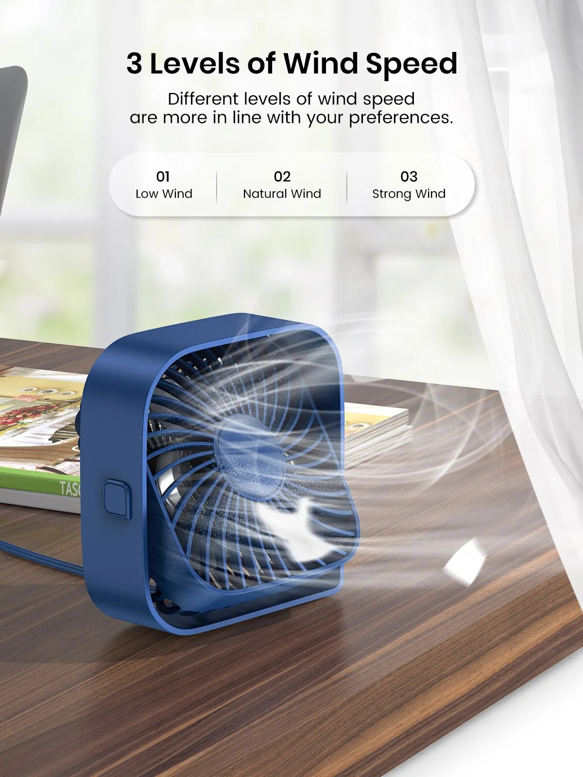 TOPK USB Desk Fan Strong Airflow & Quiet Operation 3 Speed Wind Mini Table Fan 360° Rotatable Head for Home Office Bedroom Table