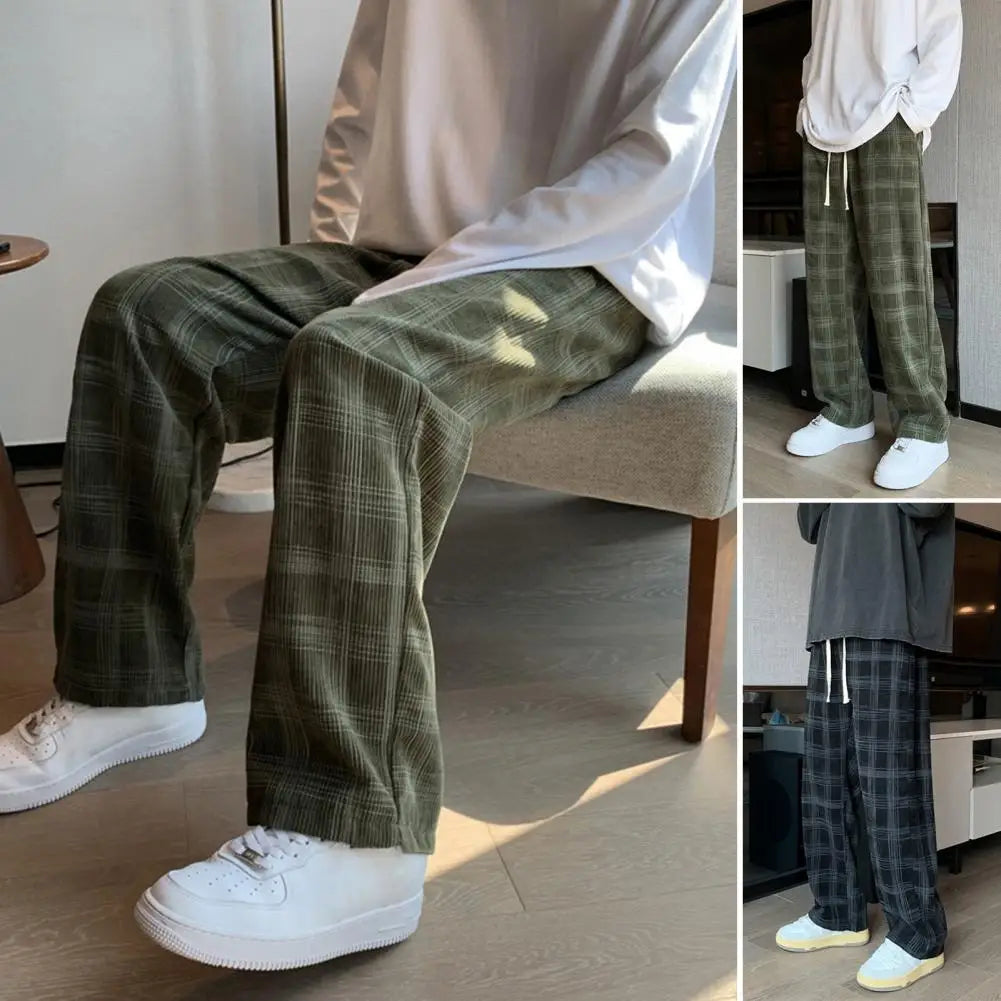 Mid-Rise Elastic Waistband Men Pants Pockets Straight Wide Leg Casual Trousers Plaid Print Drawstring Loose Corduroy Pants