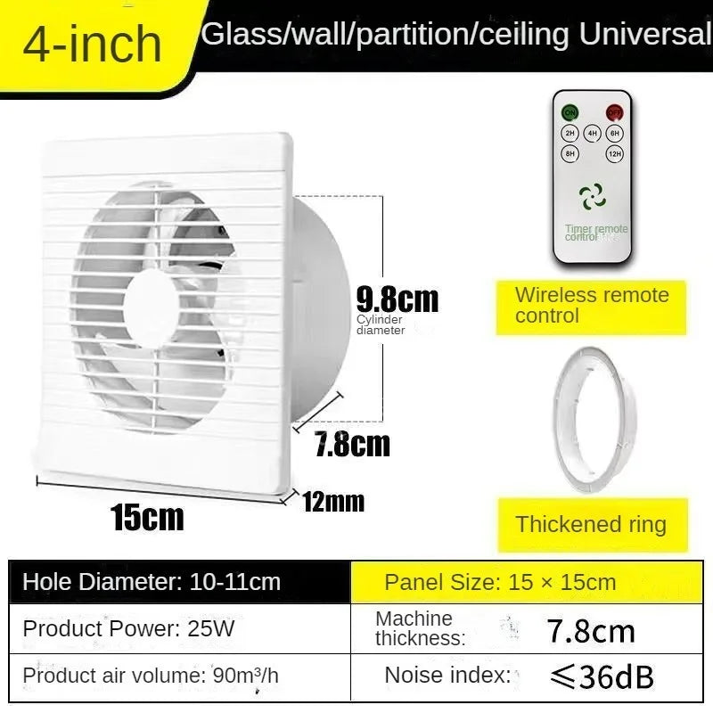 220V 4/ 6/ 8 Inch Remote Control Window Wall Exhaust Fan for Bathroom Toilet Kitchen Air Ventilation with Timing Function