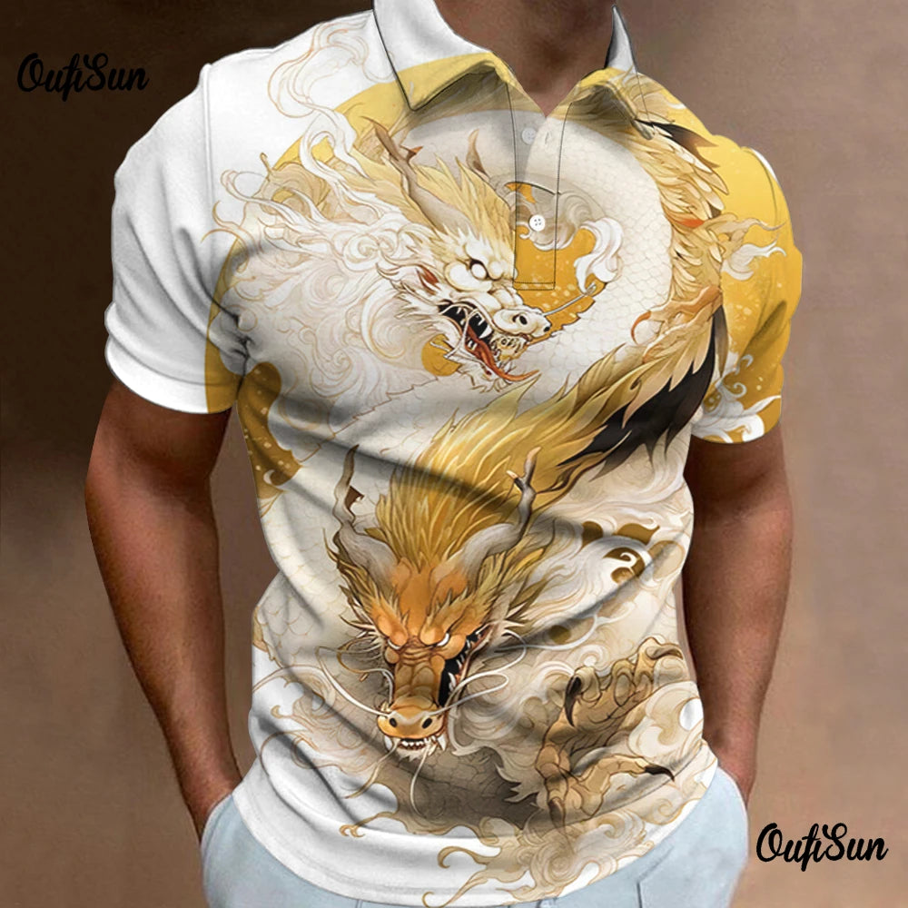 Dragon Pattern Polo Shirt For Men Fashion Short Sleeved Animal Tops Breathable Casual Men's Clothing New Style Polos Para Hombre