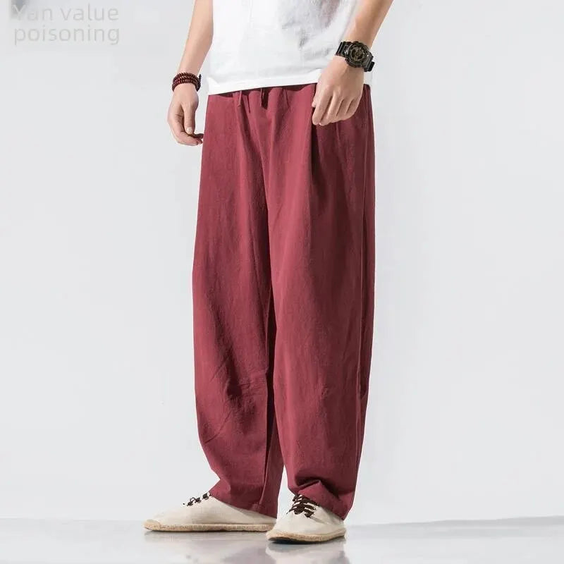 Loose Men Linen Pants Casual Style Trousers High Waist Design Suitable Young People In Black Light Grey Dark Green