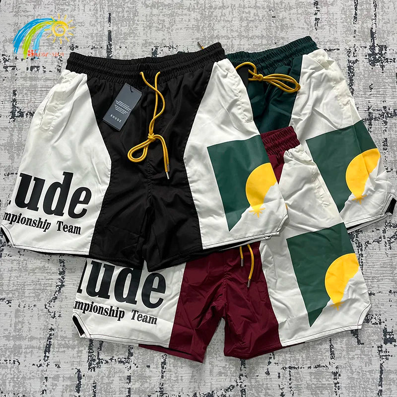 Summer RHUDE Shorts Men Women Casual Best Quality Quick Drying Beach Simple Moonlight Sunset Breeches Inside Mesh Drawstring