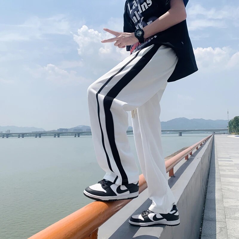 Sweatpants Men Summer Design Side Striped Baggy Trousers Student Cool Streetwear Hip Hop Teens Dynamic Mens Korean Stylish Daily