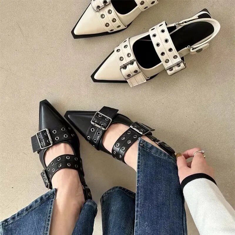 Slingback Shoes Gothic Chunky Heels Women's Pumps Rivet Street Style Medium Heel Punk Vintage Casual Sandals Spring Summer 2023