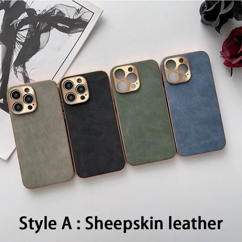 Leather Phone Case For Iphone 13 11 12 14 15 Pro Max 15 Plus Electroplated Frame Lambskin Phone Shell For Huawei Mate 40 50 Pro