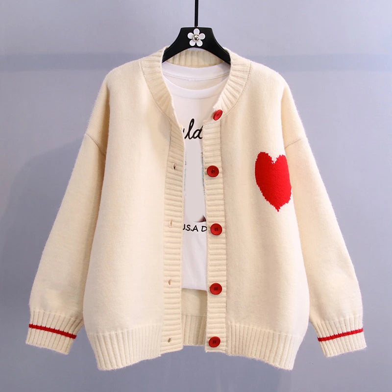 Girl Sweet Chic Love Heart Pattern Long Sleeve Cardigan Coat Japan Style V Neck Single Breasted Sweater Elastic Knit Women Tops