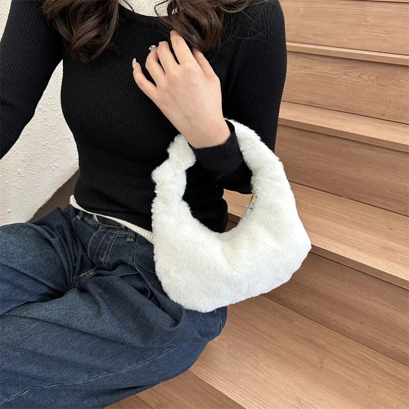 Soft Plush Handbag Women Winter Warm Shoulder Bags Phone Money Storage Purse Casual Small Tote Bag Fashion Clutch Wallet 2024