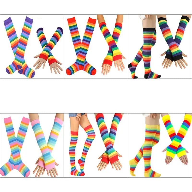 Womens Rainbow Socks Striped Over Knee Thigh High Stockings Arm Warmer Gloves Drop Shipping