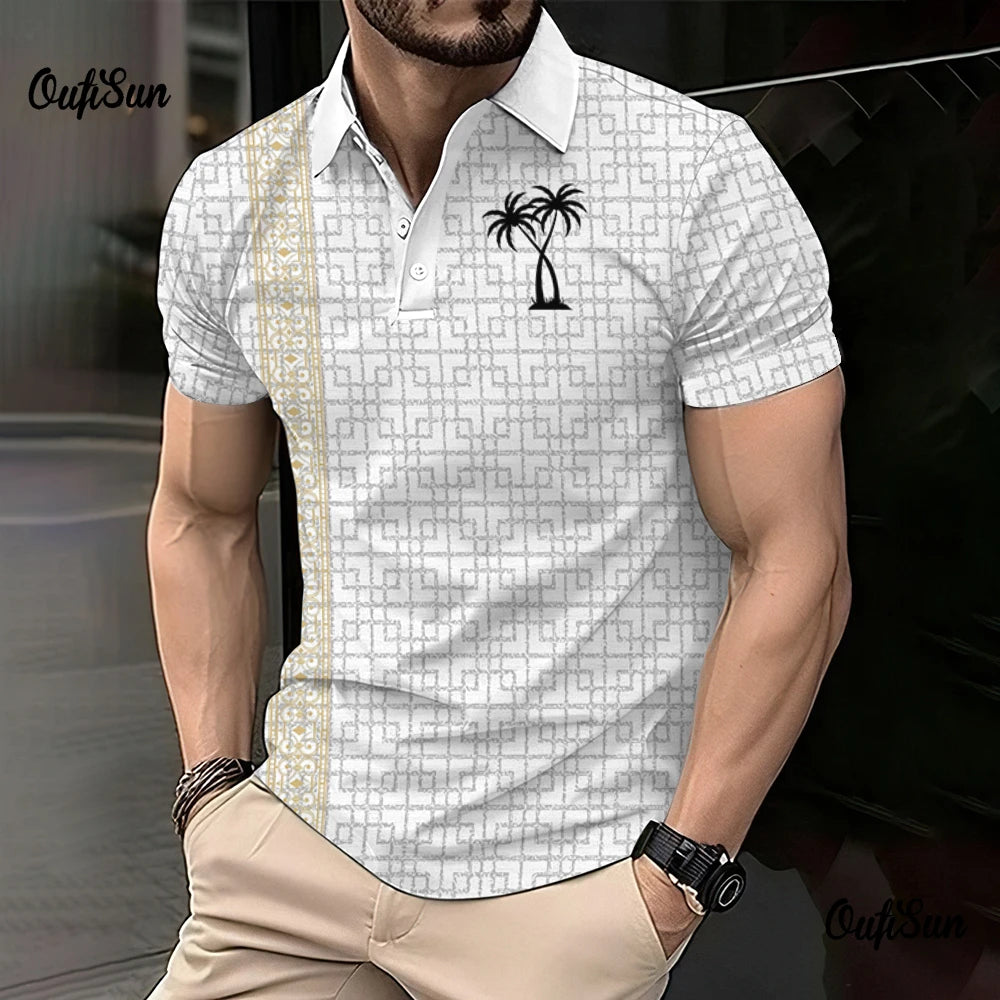 Fashion New Polo Shirt Golf Shirt Comfortable Coconut Print Outdoor Top Buttoned Lapel Hawaiian Style Men\'s Luxury Polo Shirt