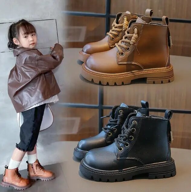 2023 New Black Boys Girls Short Snow Boots Back Zipper Winter Kids Fashion Leather Boots Non-slip Kids Sport Shoes Sneakers