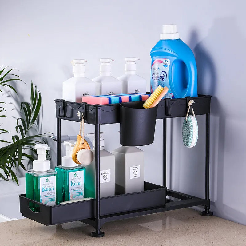 1 Pack Under Sink Organizer, 2 Tier Sliding Bathroom Cabinet Organizer and Storage Pull Out Shelf Sliding Organizer Box