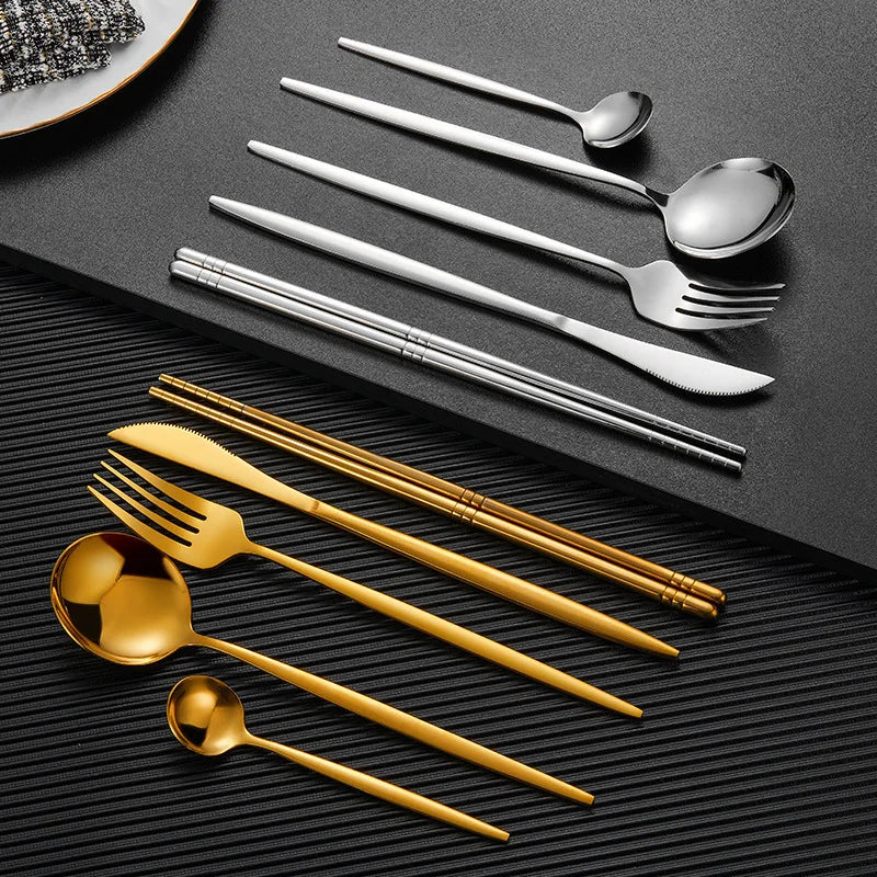 5pcTableware Stainless Steel Cutlery Golden Silvery Glossy Coffee Spoon Dinnerware Dining Fork Knife Dinnerware Kitchen Flatware