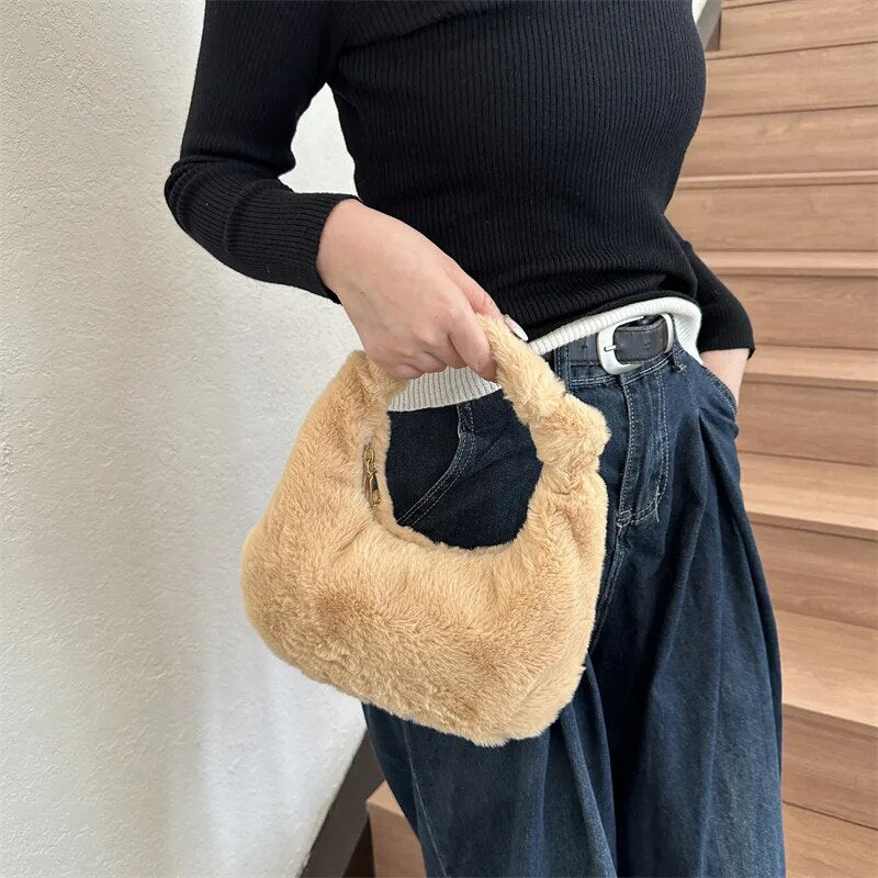 Soft Plush Handbag Women Winter Warm Shoulder Bags Phone Money Storage Purse Casual Small Tote Bag Fashion Clutch Wallet 2024